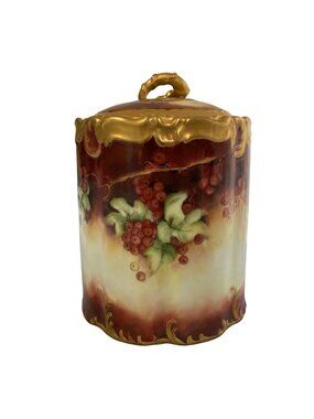 Hand Painted Porcelain Jar With Lid Featuring Berry Design & Gold Accents